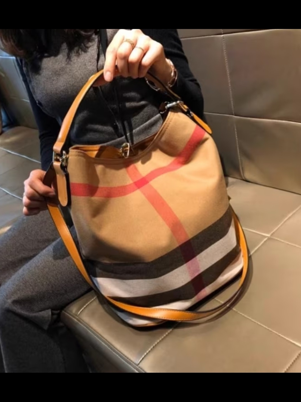 Tan Plaid Pattern Shoulder Bag with Leather Straps